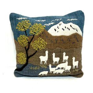 Hand Stitched Freddy A Wool Pillow Featuring Llamas Mountains Peru